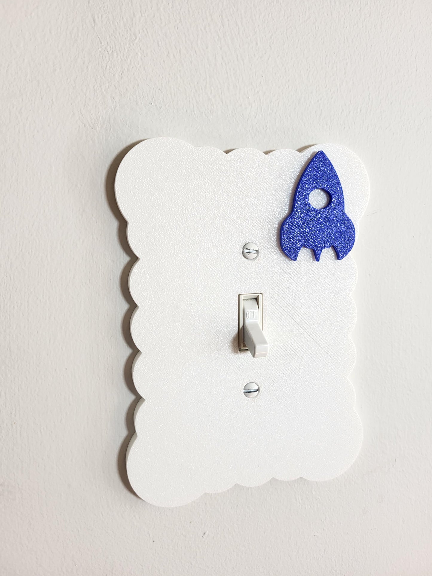 Cloudy Light Switch Cover with Blue Rocket, Scalloped Wall Plate, Unique Switch, For Kids Room, Home Decor, Baby Shower Gift,