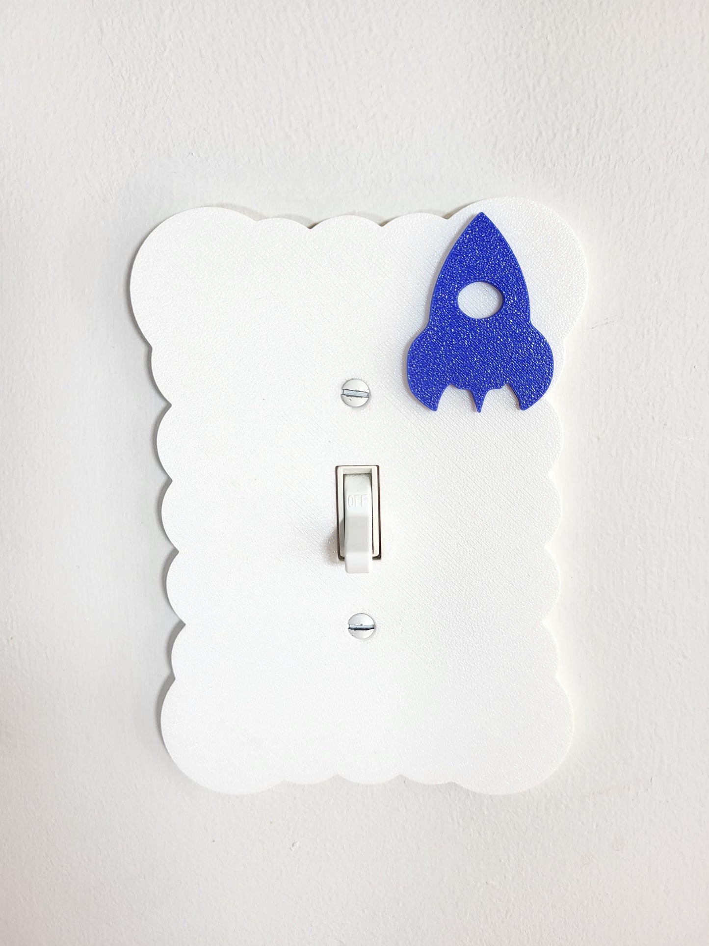 Cloudy Light Switch Cover with Blue Rocket, Scalloped Wall Plate, Unique Switch, For Kids Room, Home Decor, Baby Shower Gift,