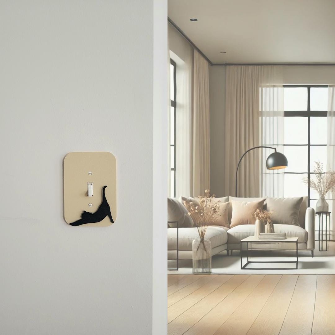 Light Switch Cover With Streching Cat Accent, Wall Plate Cover, Mid Century Modern, Unique Switch Plate Design, Home Decor, Kitten Light Switch