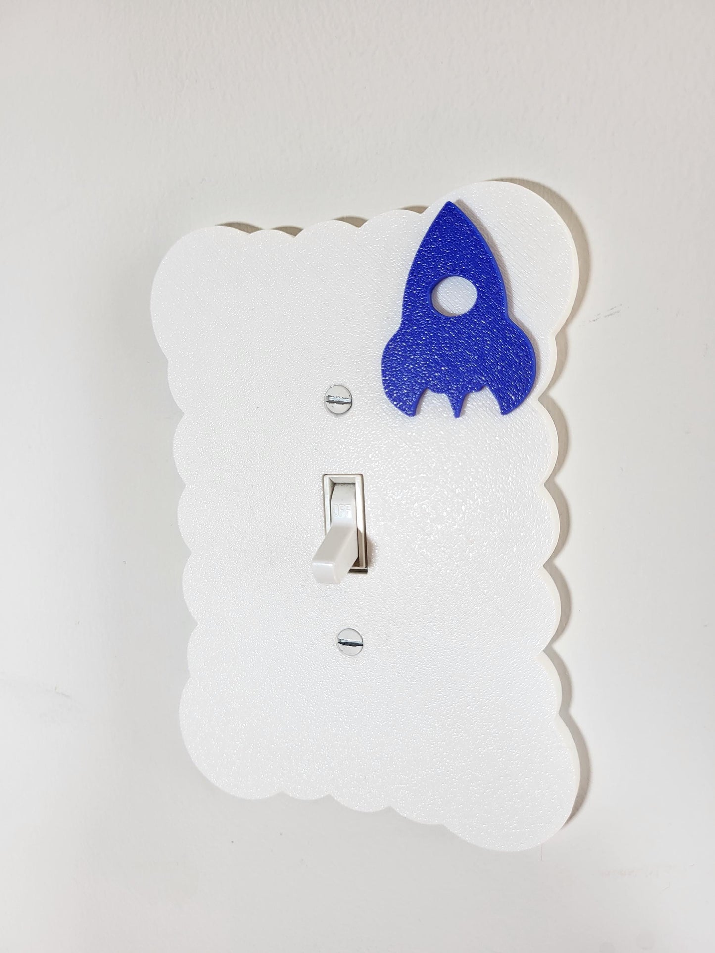 Cloudy Light Switch Cover with Blue Rocket, Scalloped Wall Plate, Unique Switch, For Kids Room, Home Decor, Baby Shower Gift,