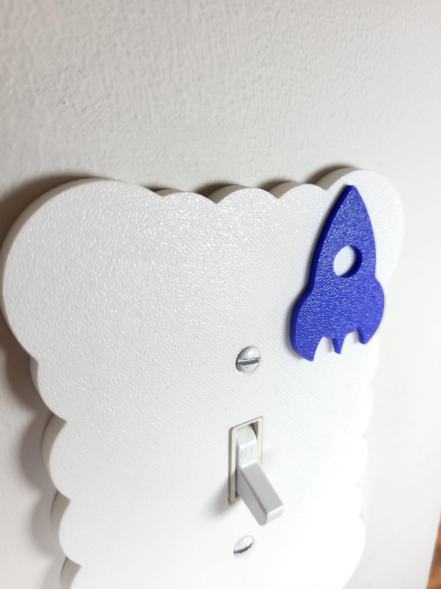 Cloudy Light Switch Cover with Blue Rocket, Scalloped Wall Plate, Unique Switch, For Kids Room, Home Decor, Baby Shower Gift,