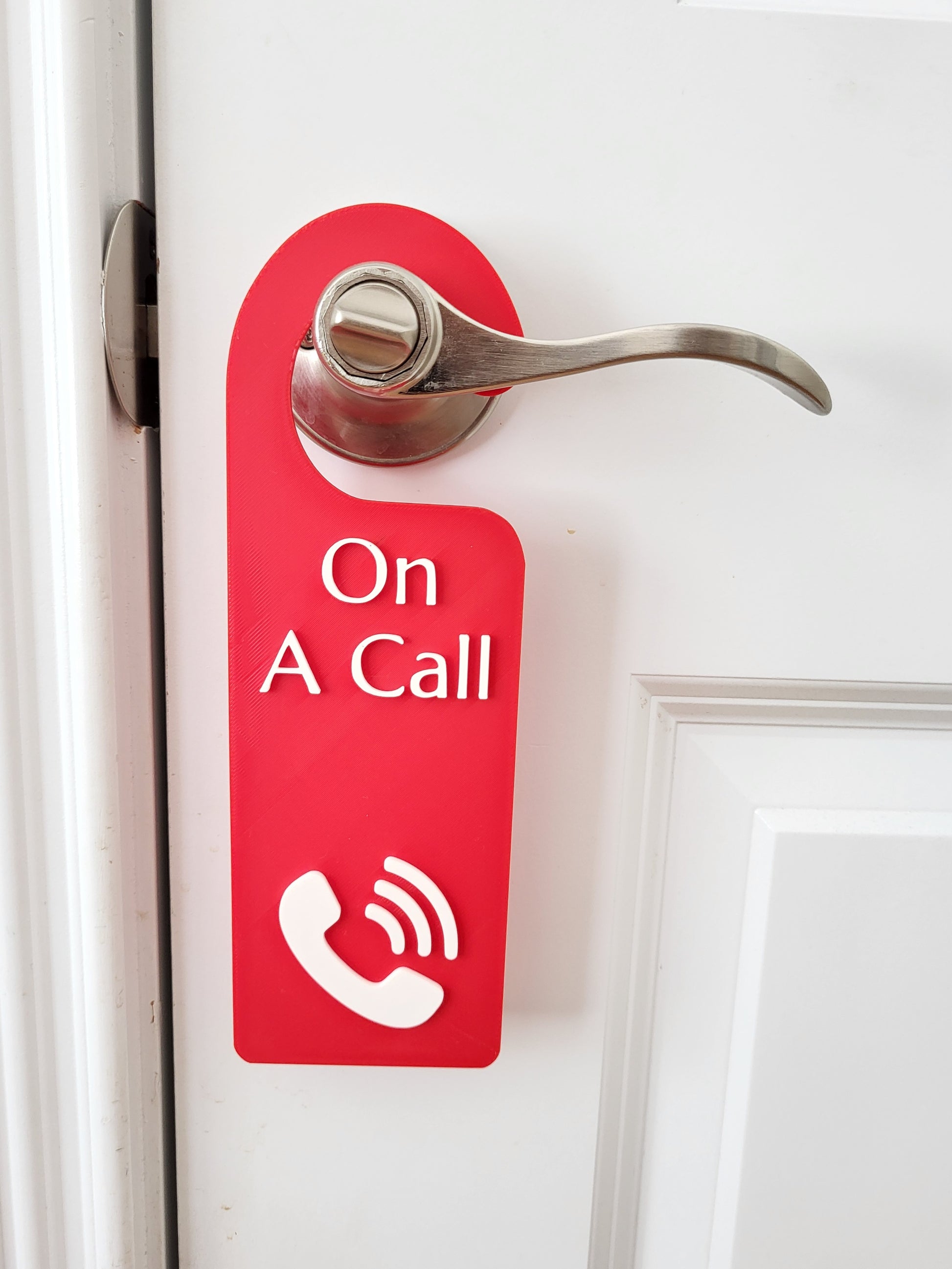 On a call sign,
Phone call sign,
Do not disturb,
Home office sign,
Work from home,
Privacy door sign,
Remote work sign,
Call in progress,
Door hanger sign,
Quiet please sign,
Meeting door sign,
Red door hanger,
Office decor,