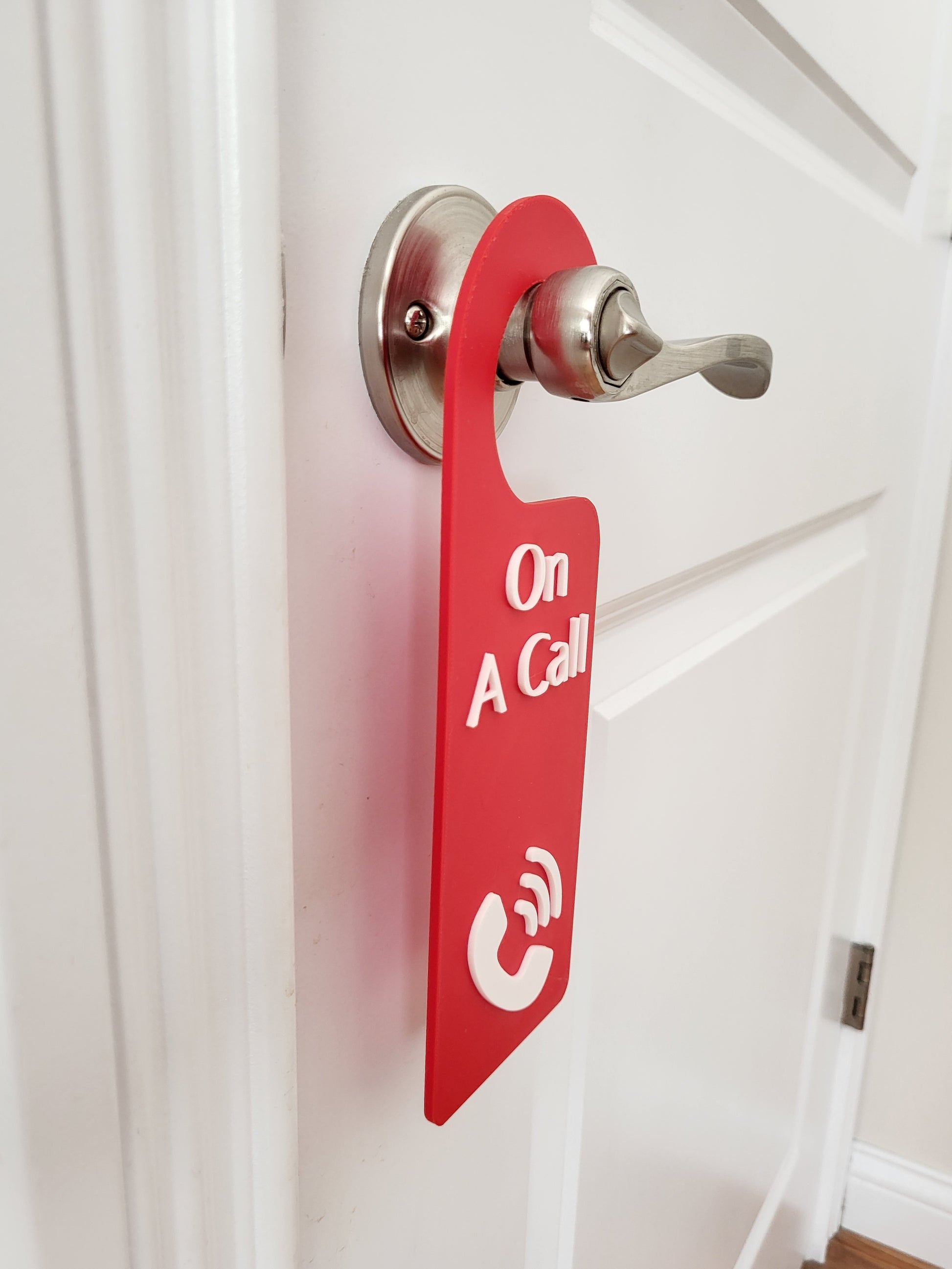 On a call sign,
Phone call sign,
Do not disturb,
Home office sign,
Work from home,
Privacy door sign,
Remote work sign,
Call in progress,
Door hanger sign,
Quiet please sign,
Meeting door sign,
Red door hanger,
Office decor,
