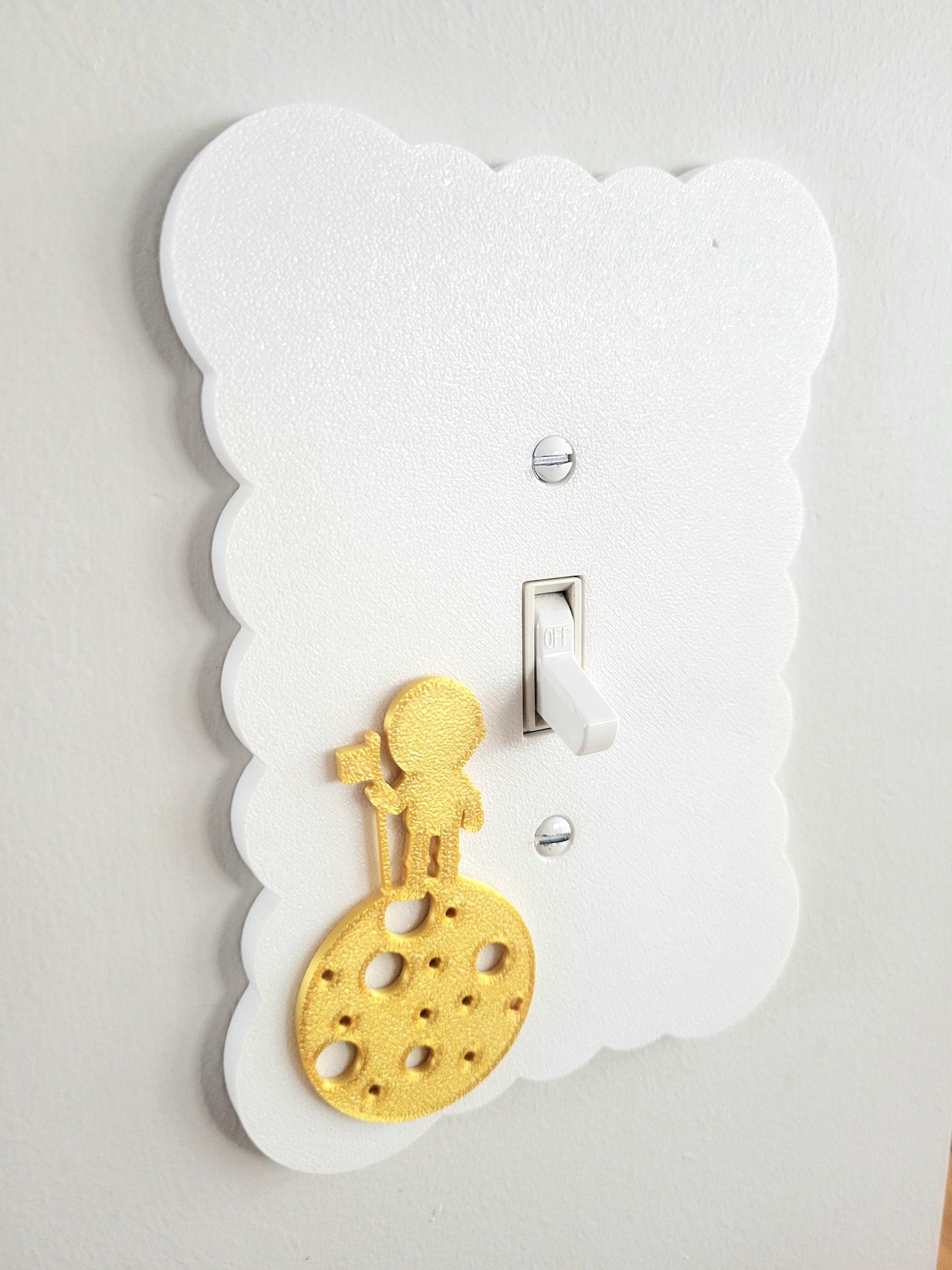 Boy on the Moon Light Switch Cover, Cloudy Wall Plate For Nursery, Wavy Unique Switch For Kids, Baby Shower Gift, Scalloped Switch Cover