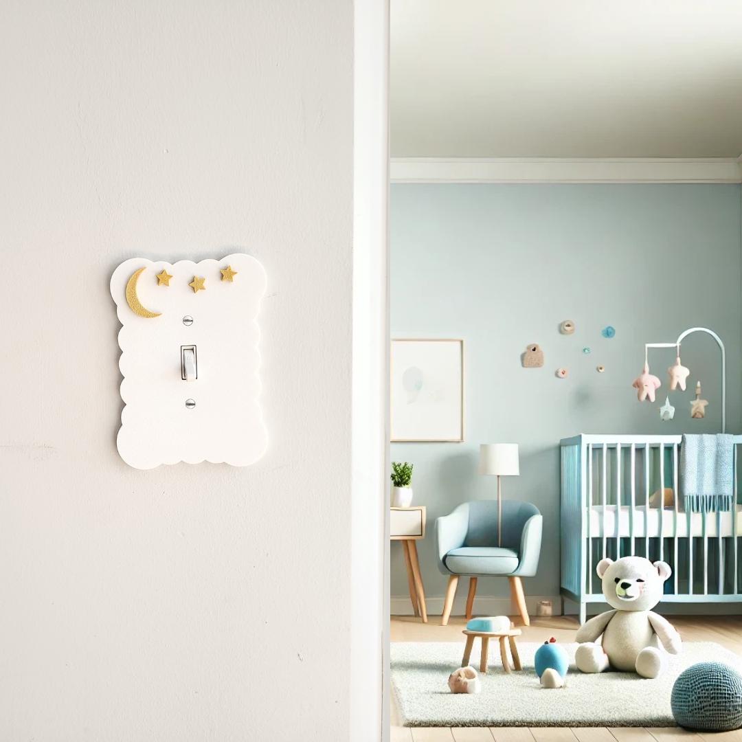 Moon and Stars Light Switch Cover, Cloudy Wall Plate For Nursery, Wavy Scalloped Switch Cover, Unique Switch For Kids Room, Personalized
