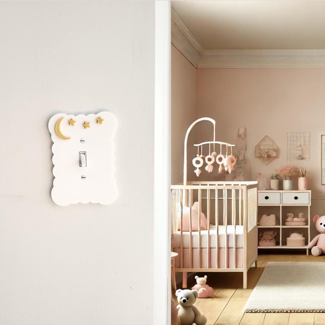 Moon and Stars Light Switch Cover, Cloudy Wall Plate For Nursery, Wavy Scalloped Switch Cover, Unique Switch For Kids Room, Personalized